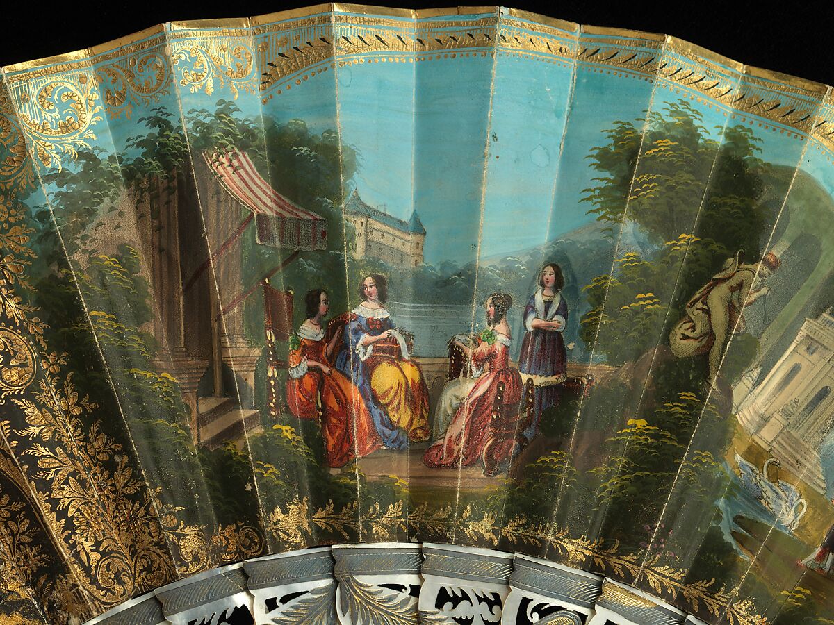 Fan, mother-of-pearl, paper, gouache, silk, metal, Italian