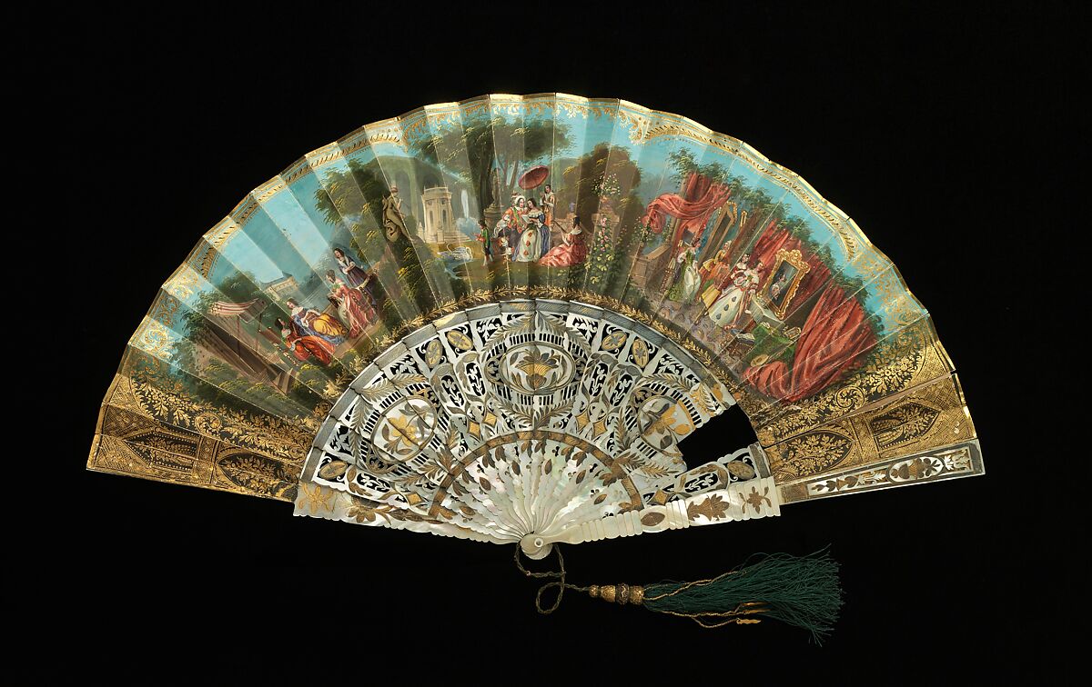 Fan, mother-of-pearl, paper, gouache, silk, metal, Italian 