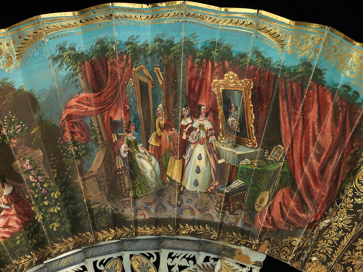 Fan, mother-of-pearl, paper, gouache, silk, metal, Italian