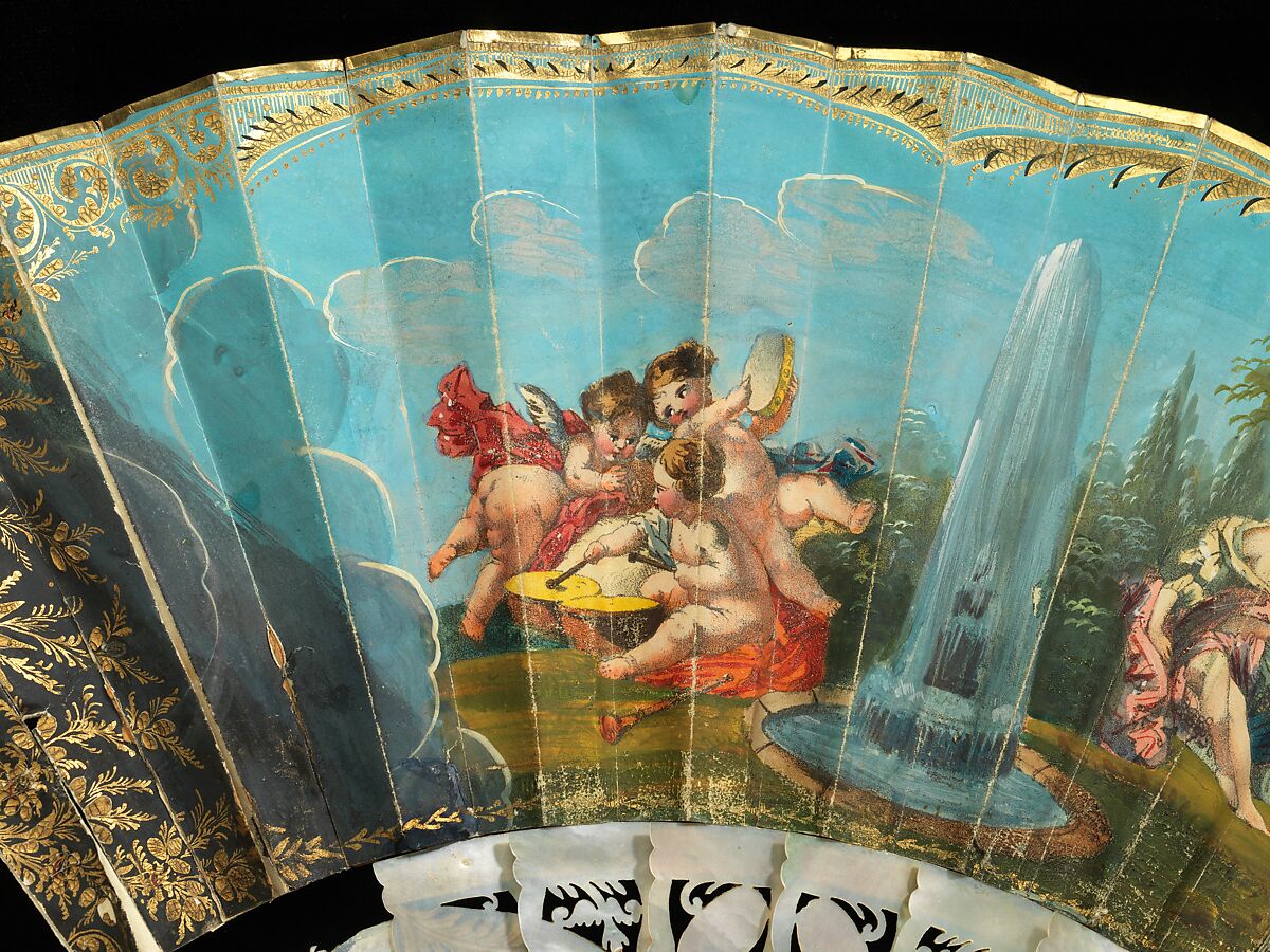 Fan, mother-of-pearl, paper, gouache, silk, metal, Italian