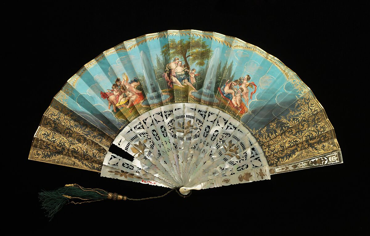 Fan, mother-of-pearl, paper, gouache, silk, metal, Italian