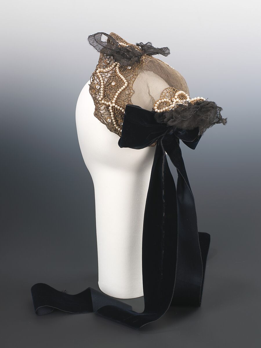 Evening hat, silk, rhinestones, horsehair, metal, French 