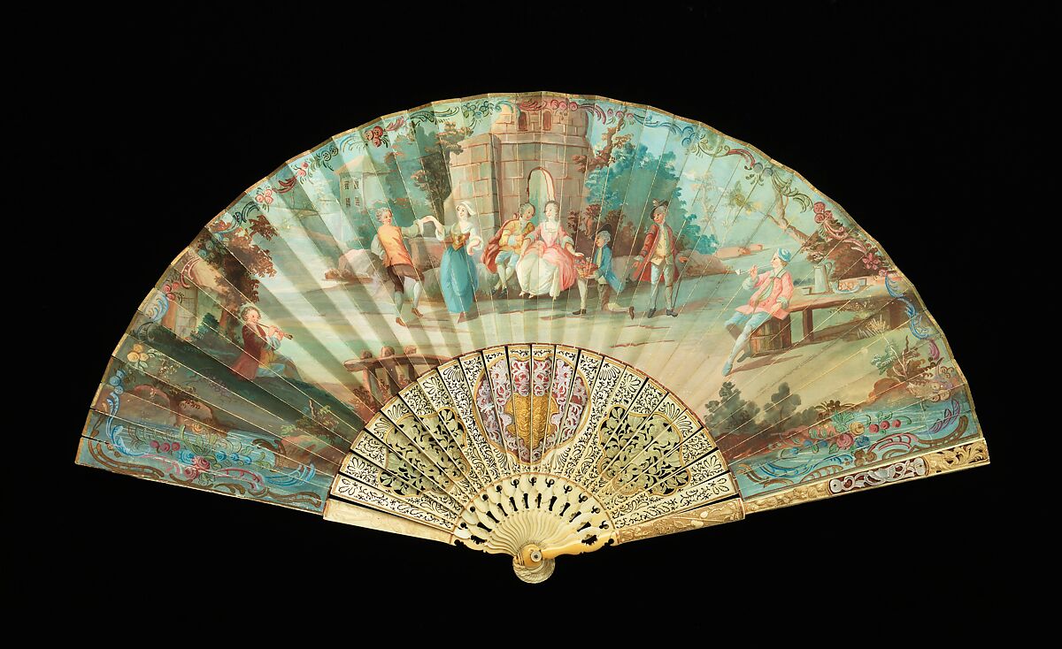 Fan, ivory, mother-of-pearl, paper, gouache, metal, French 