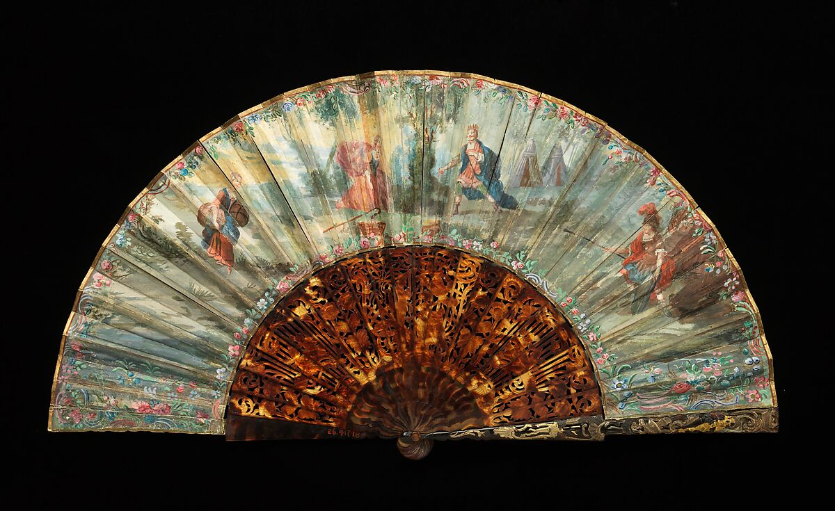 Fan, tortoiseshell, paper, gouache, metal, Italian