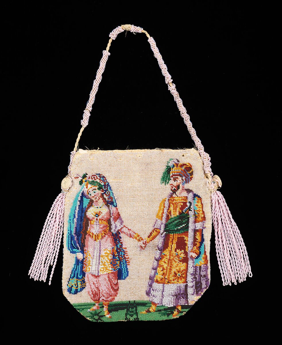 Pouch, glass, silk, linen, probably European