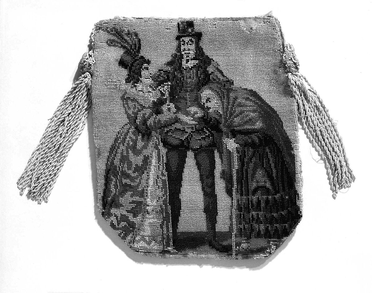 Pouch, glass, silk, linen, probably European