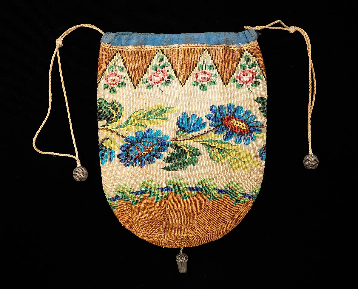 Pouch, glass, linen, silk, leather, metal, American 