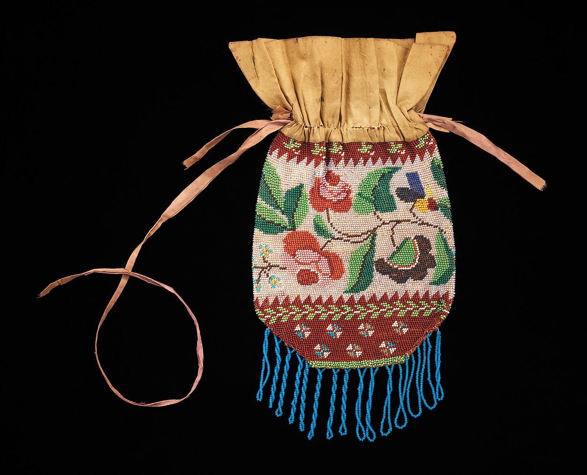 Pouch, glass, linen, silk, American 