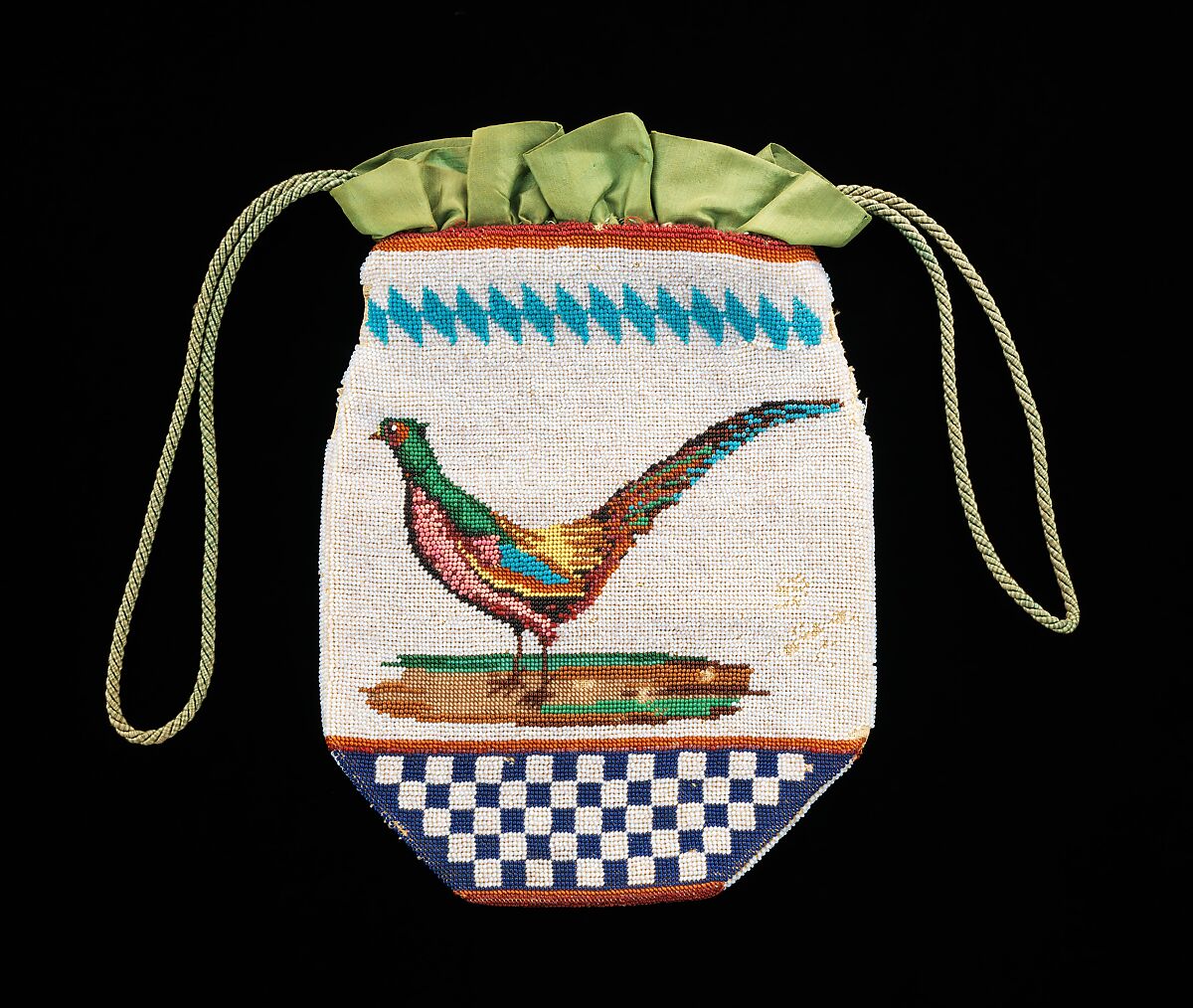 Pouch, glass, linen, silk, probably Italian 