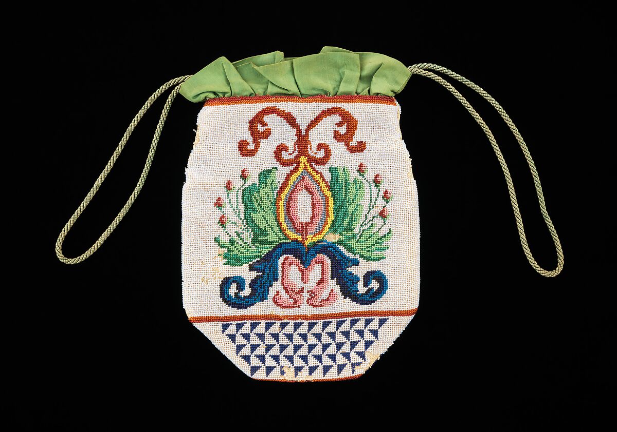 Pouch, glass, linen, silk, probably Italian