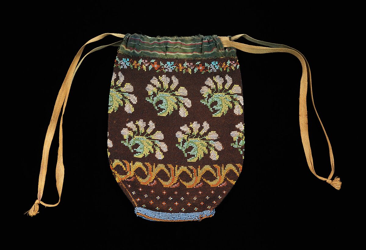 Pouch, glass, linen, silk, cotton, American 