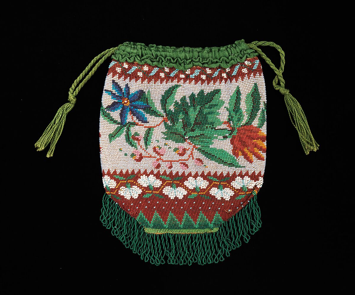 Pouch, glass, silk, linen, American 