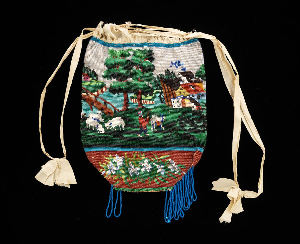 Pouch, glass, linen, silk, American