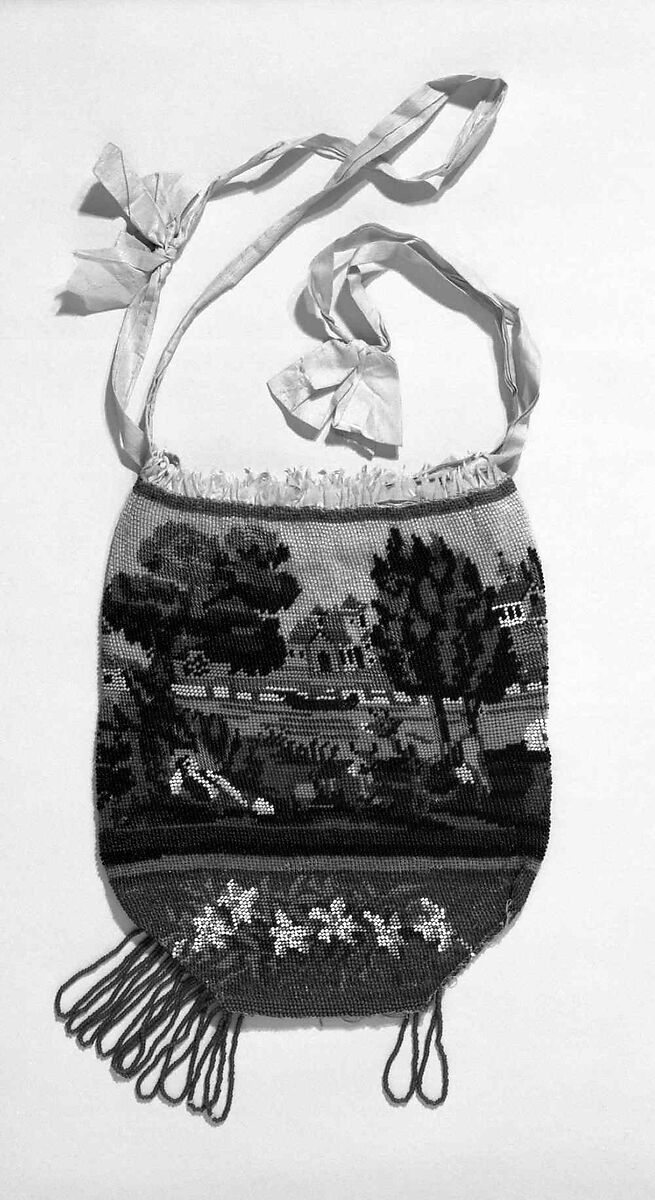 Pouch, glass, linen, silk, American