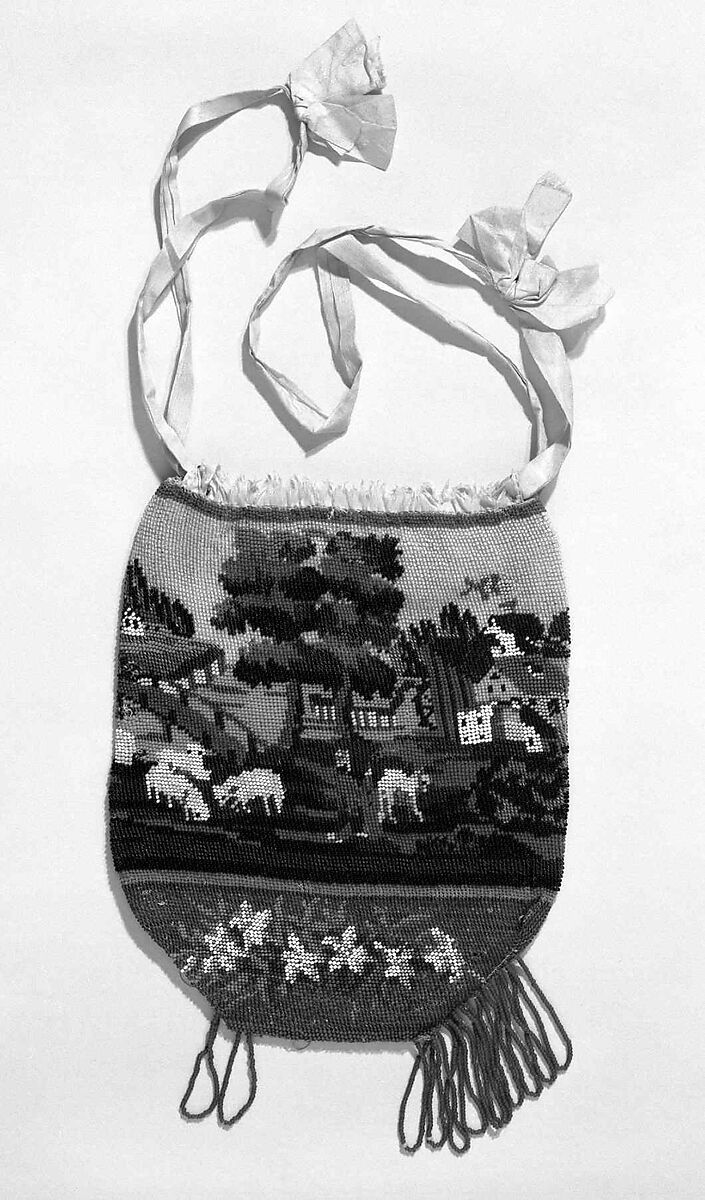 Pouch, glass, linen, silk, American