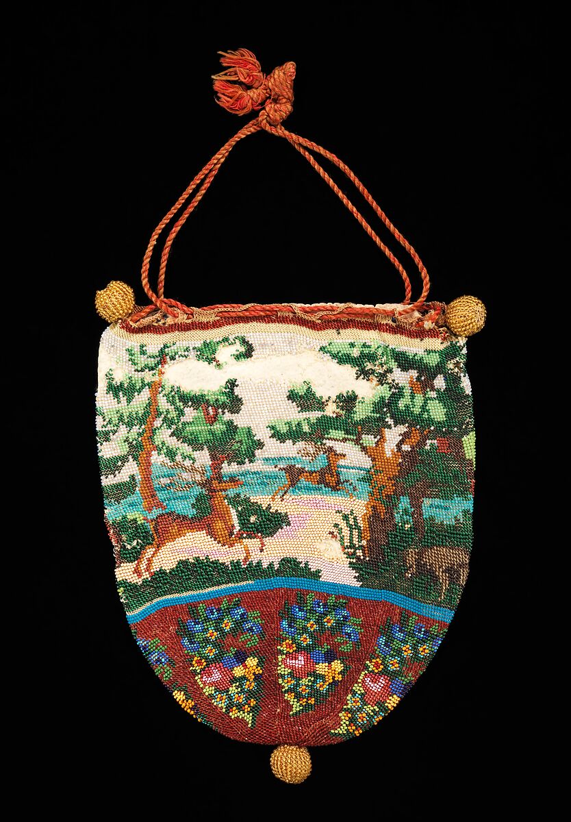 Pouch, glass, linen, leather, American