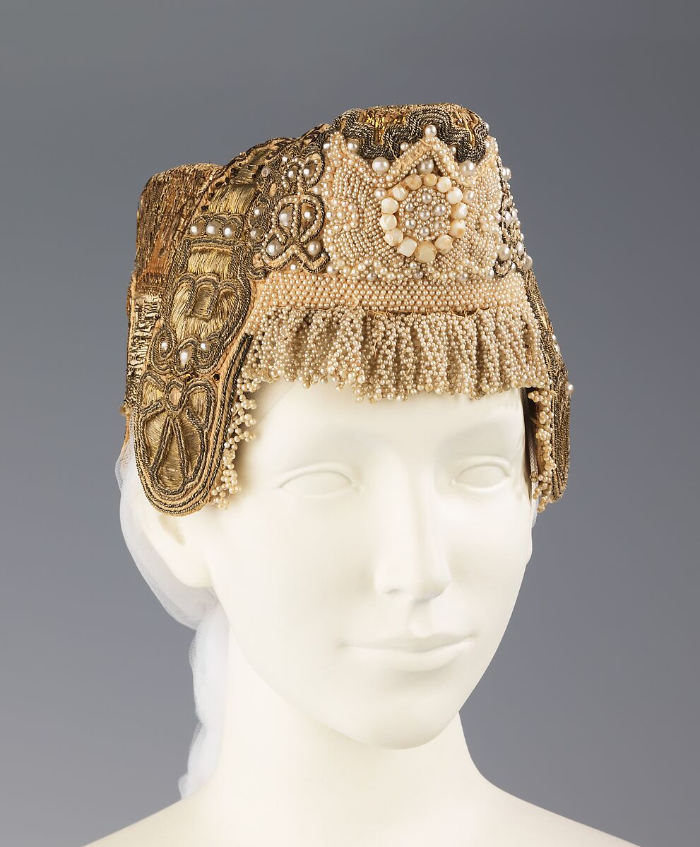 Headdress, metal, pearl, cotton, paper, Russian 