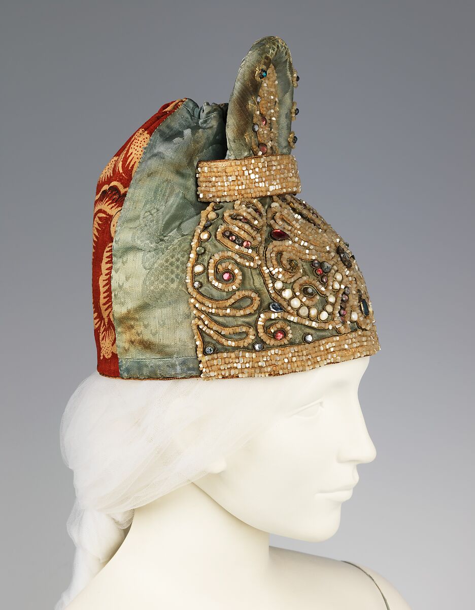 Headdress, silk, linen, glass, mother-of-pearl, metal, Russian