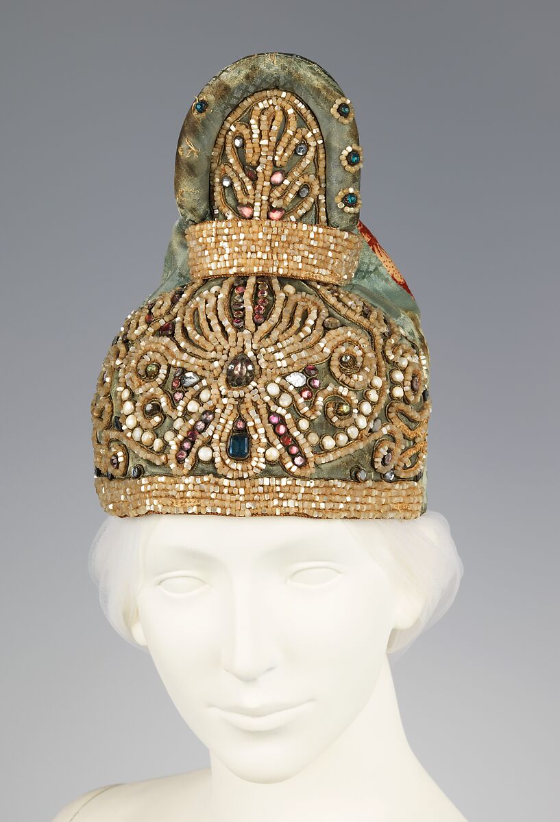 Headdress, silk, linen, glass, mother-of-pearl, metal, Russian 