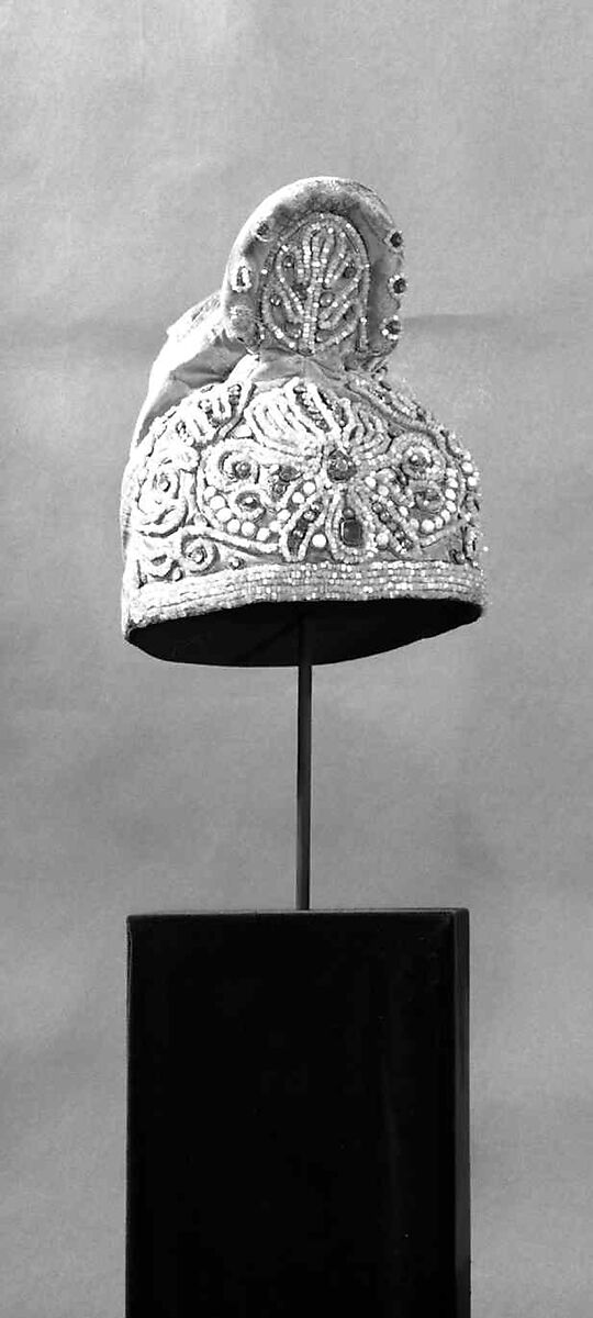 Headdress, silk, linen, glass, mother-of-pearl, metal, Russian