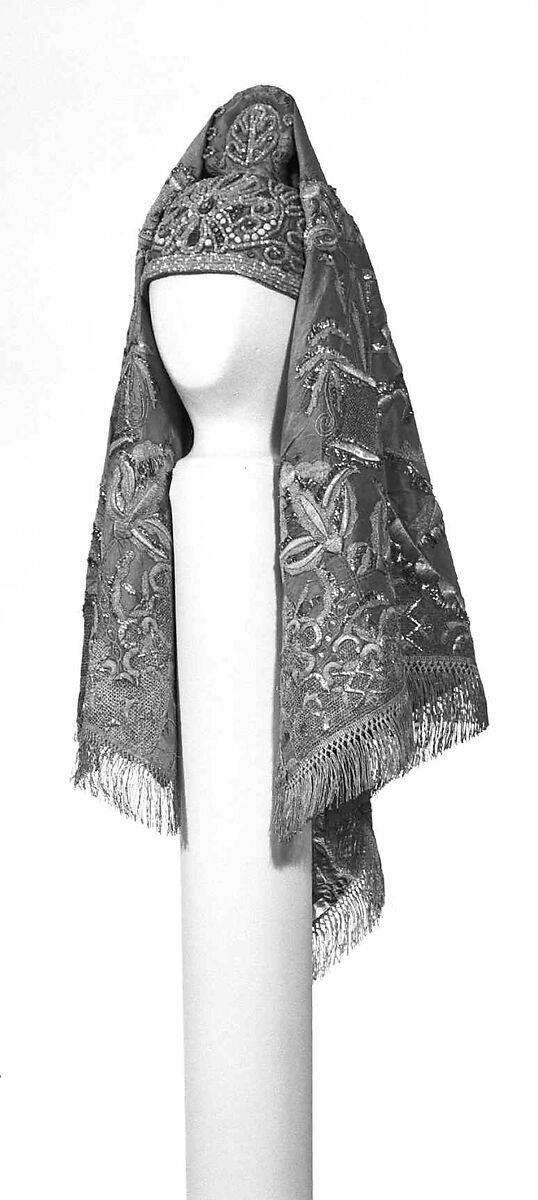 Headdress, silk, linen, glass, mother-of-pearl, metal, Russian
