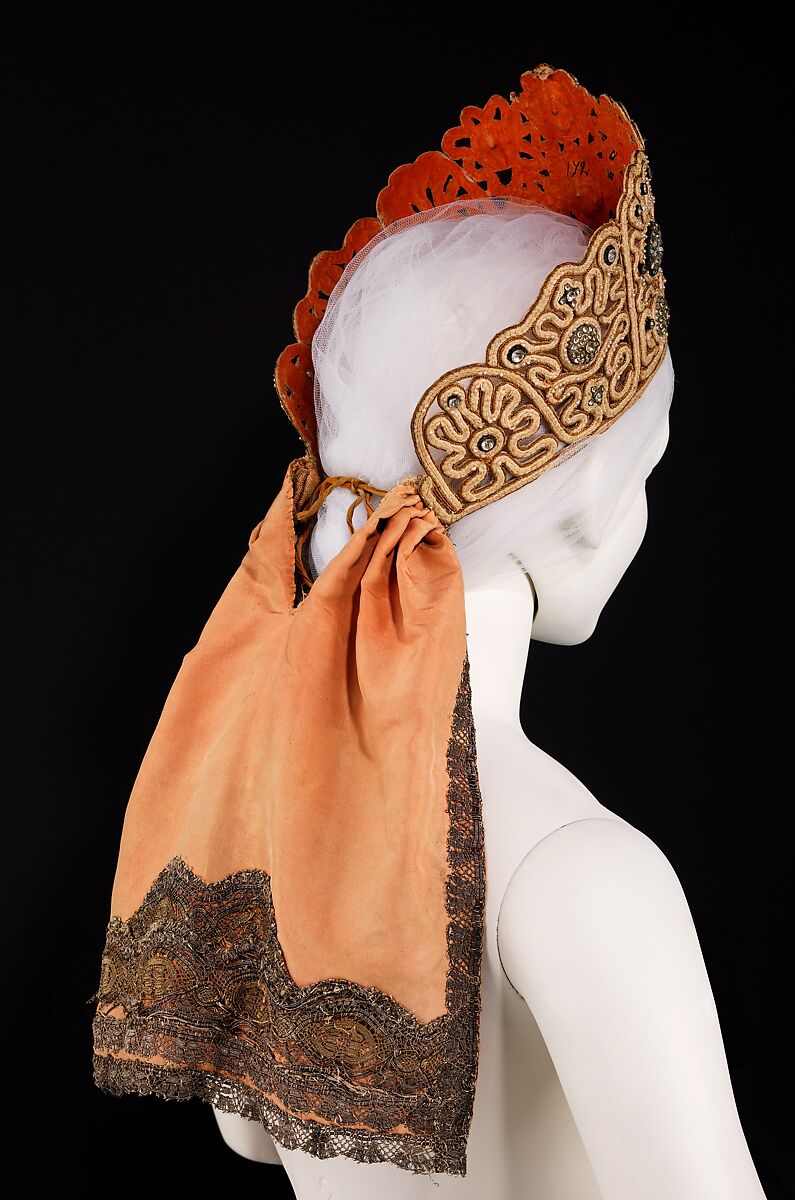 Headdress, paper, cotton, silk, metal, glass, pearl, Russian