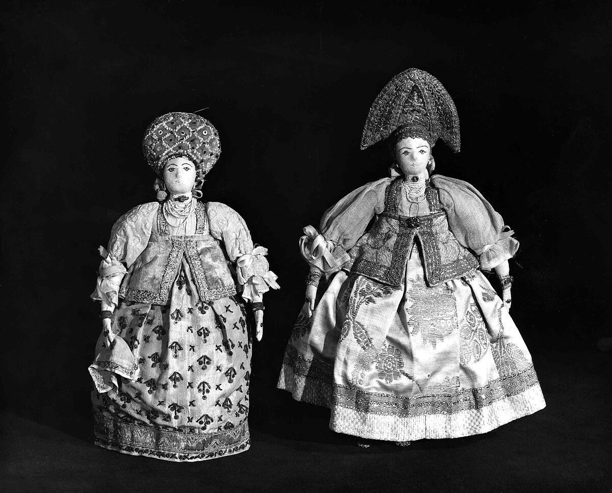 Doll, silk, metal, glass, pearls, linen, cotton, wood, Russian