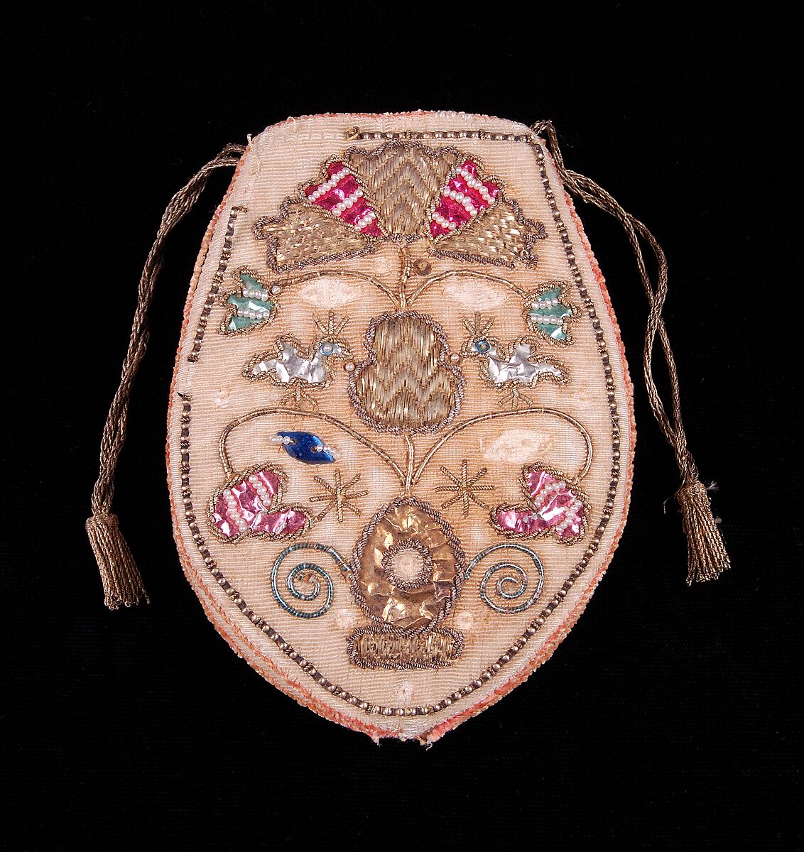 Pouch, silk, metal, pearls, Russian