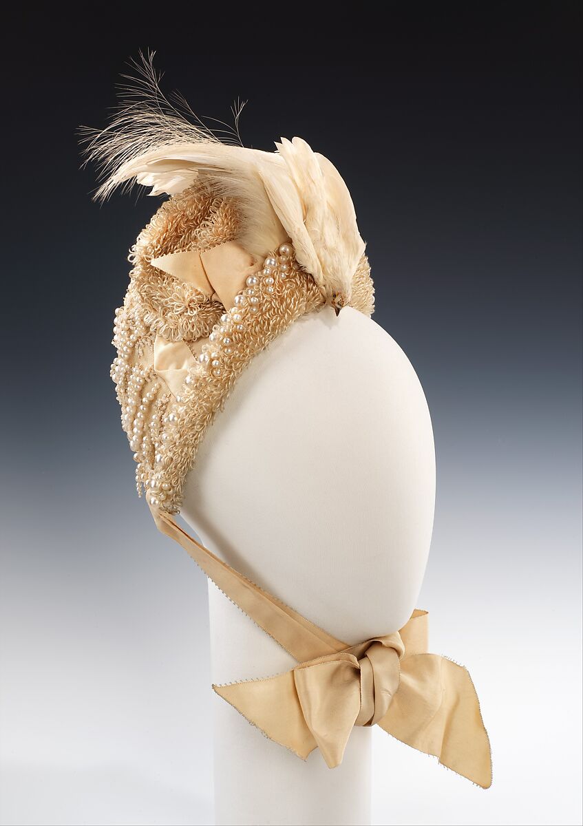 Wedding bonnet, Snedden, silk, beads, feather, bird, American 