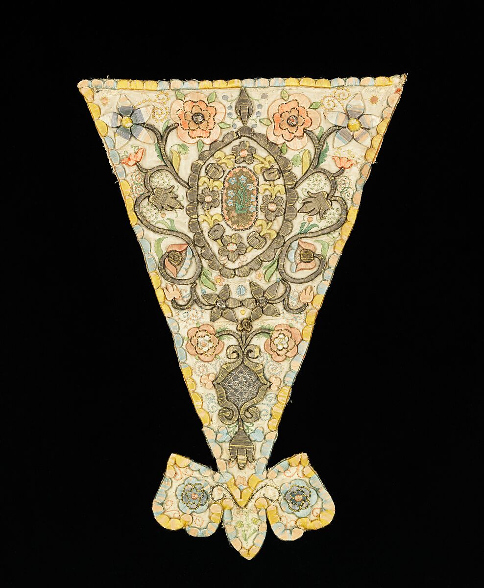 Stomacher, silk, metal, paper, linen, European 