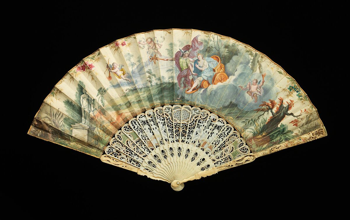 Fan, ivory, paper, gouache, mother-of-pearl, probably French 