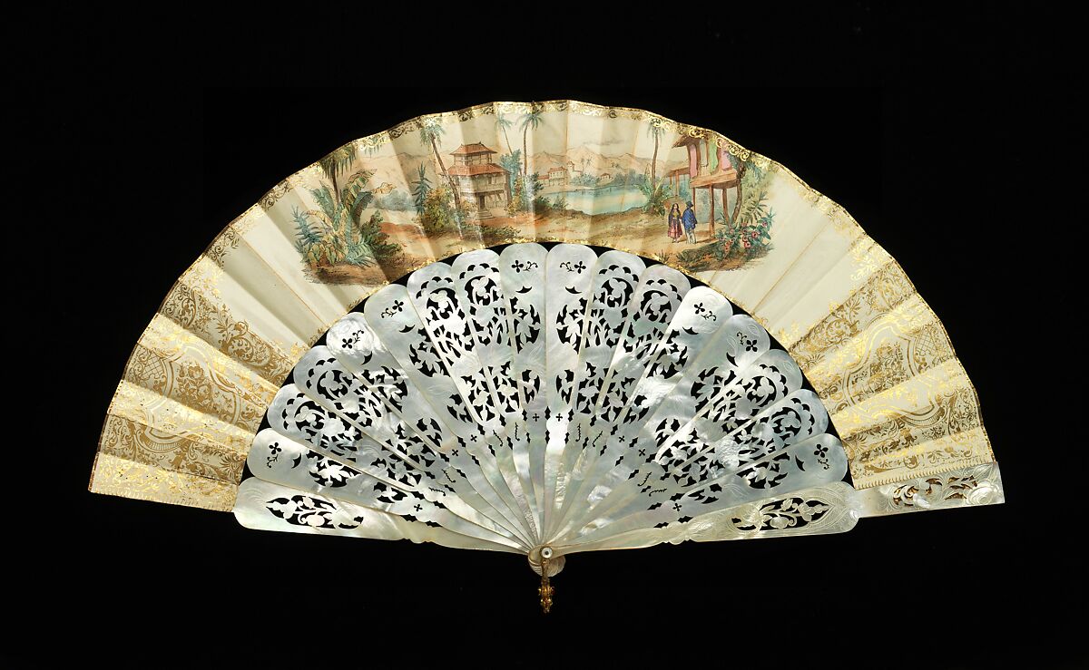 Fan, mother-of-pearl, paper, gouache, metal, probably French