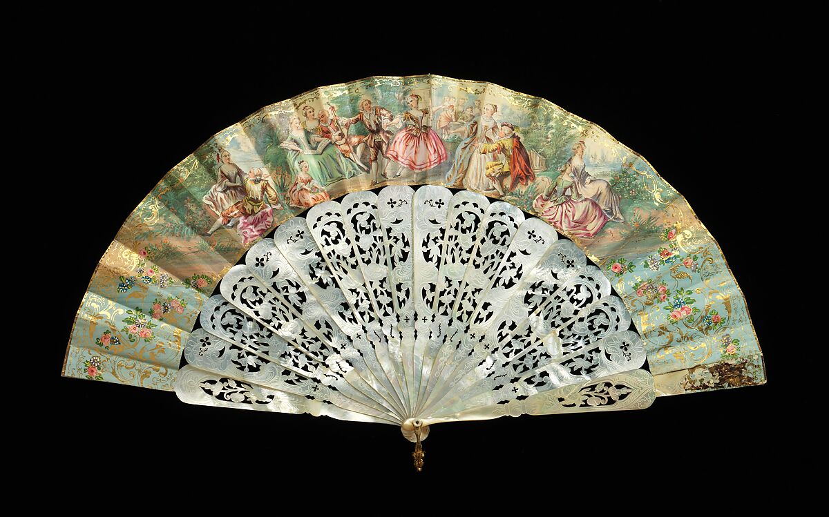 Fan, mother-of-pearl, paper, gouache, metal, probably French 