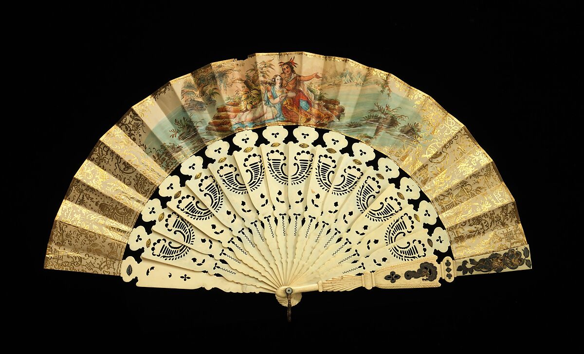 Fan, ivory, paper, gouache, mother-of-pearl, metal, probably French