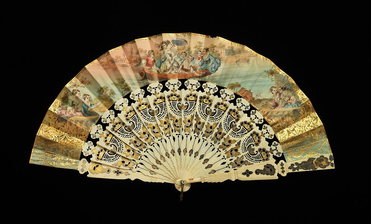 Fan, ivory, paper, gouache, mother-of-pearl, metal, probably French 