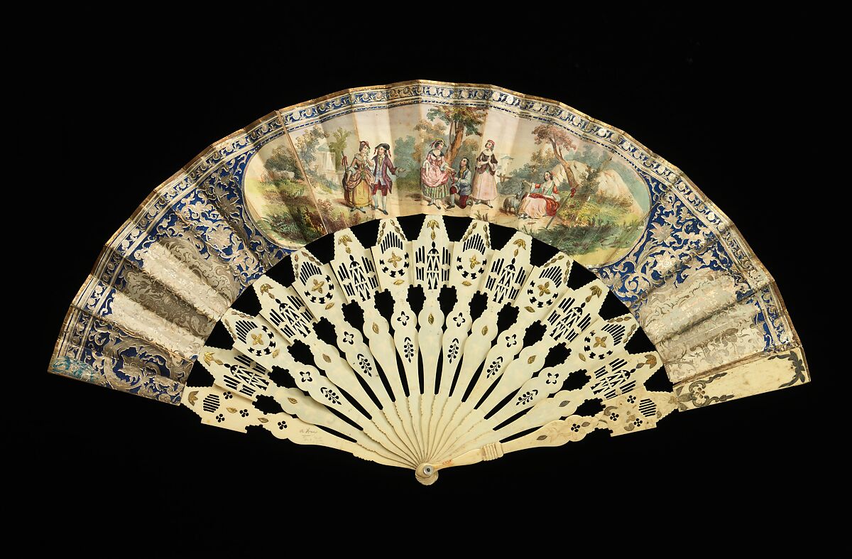 Fan, ivory, paper, mother-of-pearl, metal, probably Spanish