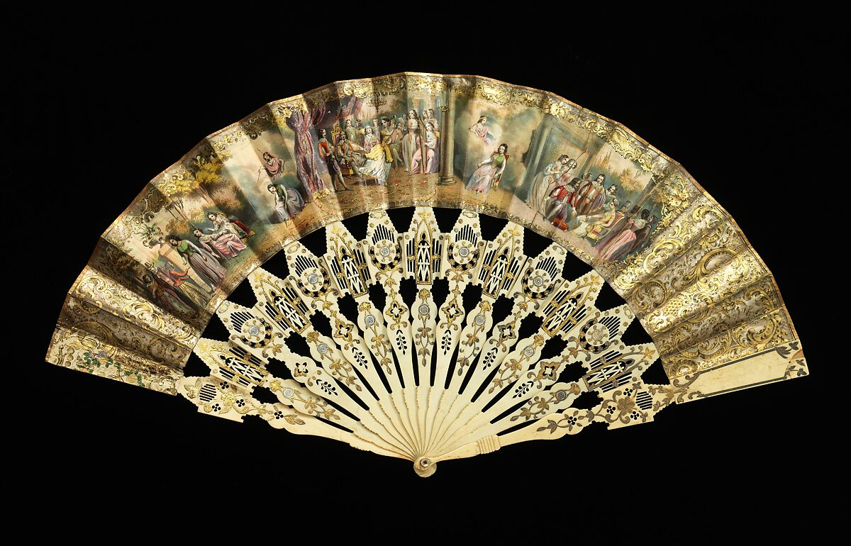 Fan, ivory, paper, mother-of-pearl, metal, probably Spanish 