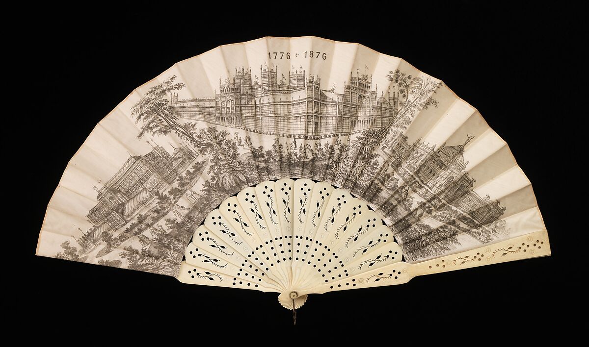 Fan, ivory, silk, metal, mother-of-pearl, American 