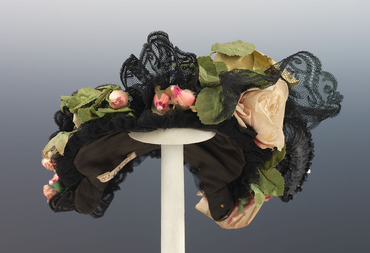 Evening bonnet, Jean Hamilton (American), silk, linen, jet, American 