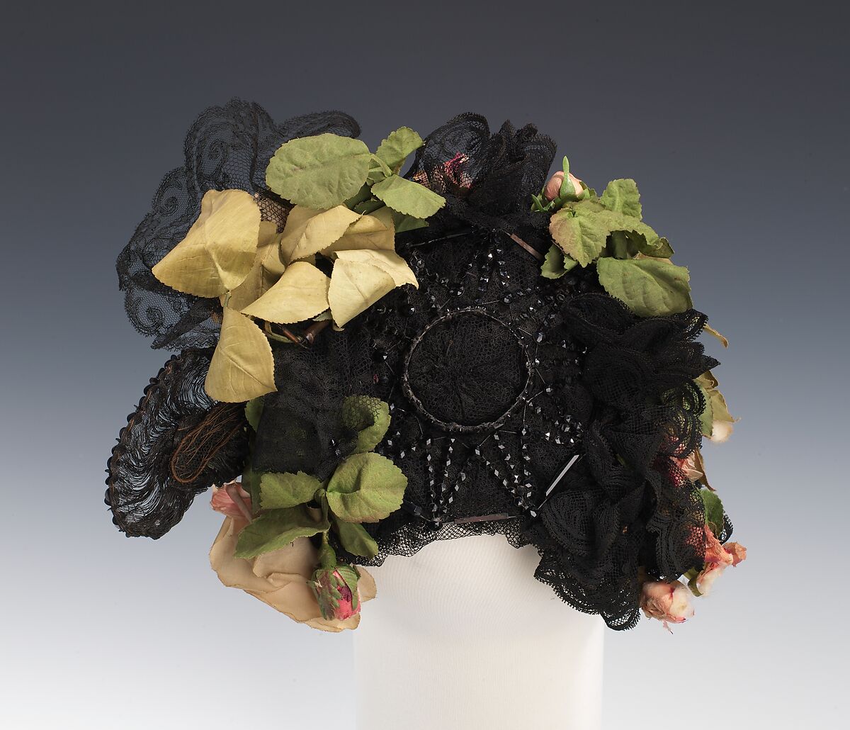 Evening bonnet, Jean Hamilton (American), silk, linen, jet, American
