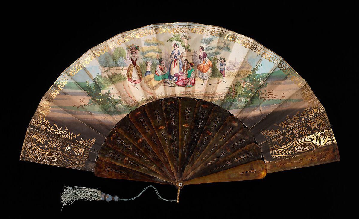 Fan, tortoiseshell, paper, mother-of-pearl, metal, silk, European