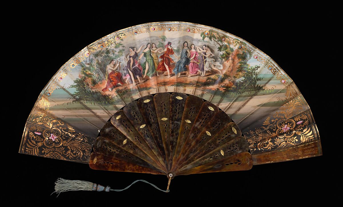 Fan, tortoiseshell, paper, mother-of-pearl, metal, silk, European 