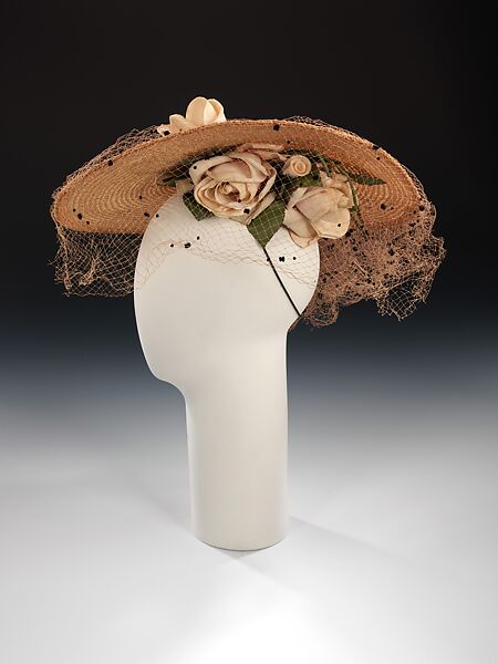 Hat, Sally Victor (American, 1905–1977), straw, linen, silk, American