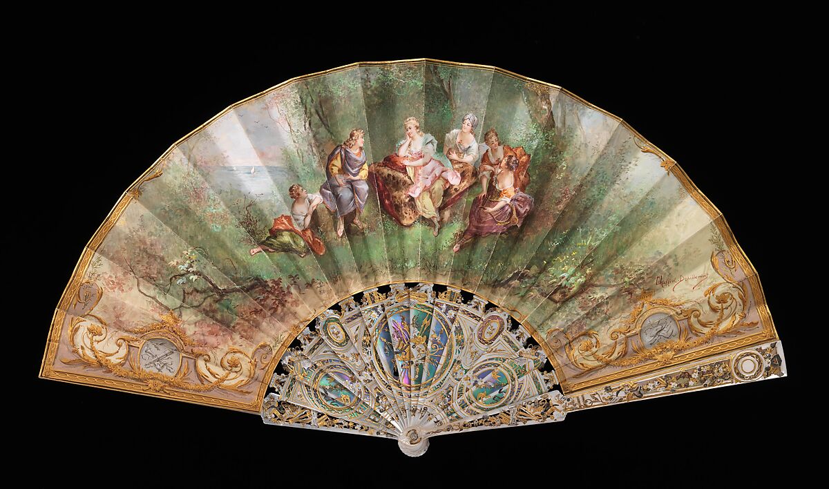 Fan, Debillemont, mother-of-pearl, paper, gouache, metal, French 