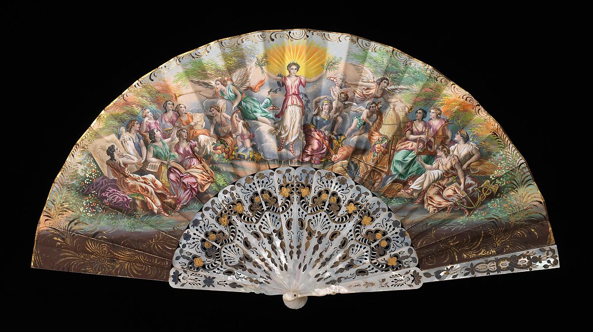 Fan, mother-of-pearl, paper, metal, European 