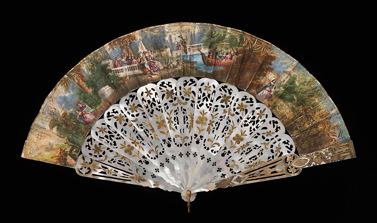 Fan, Mother-of-pearl, paper, gouache, metal, probably Spanish