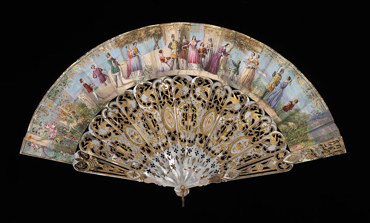 Fan, Mother-of-pearl, paper, gouache, metal, probably Spanish 