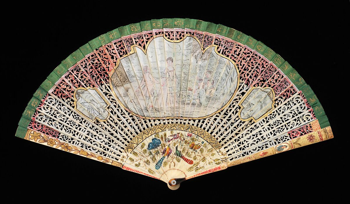 Brisé fan, bone, paint, silk, tortoiseshell, mother-of-pearl, European
