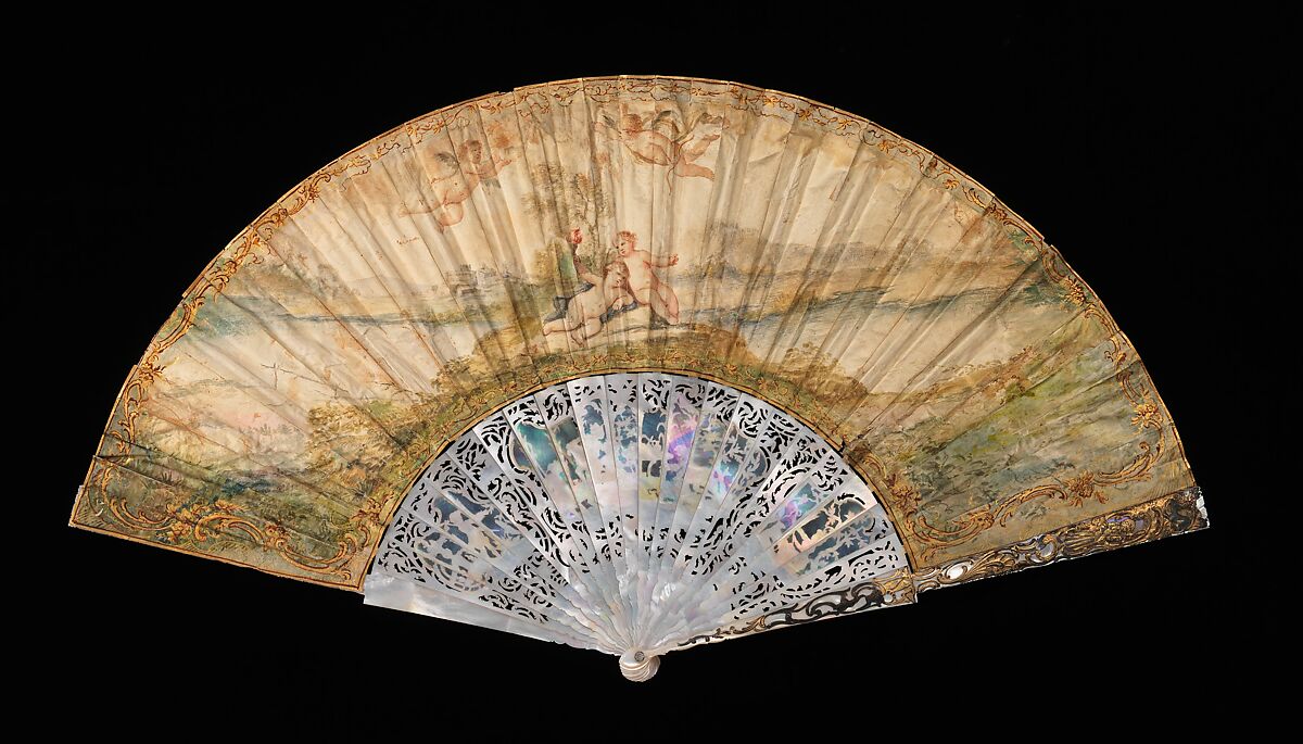 Fan, mother-of-pearl, parchment, gouache, metal, Italian