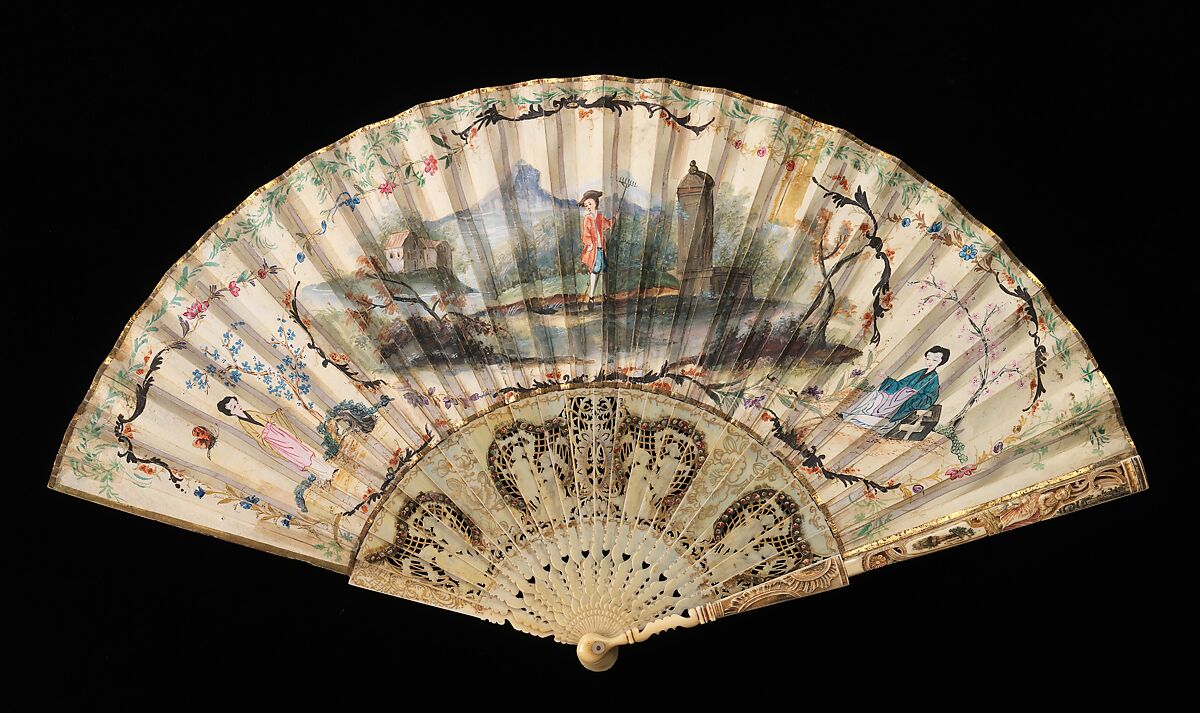 Fan, ivory, paper, gouache, mother-of-pearl, European